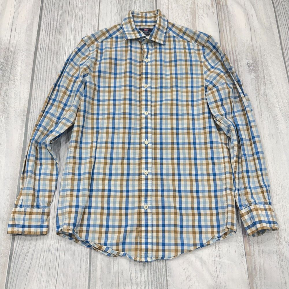 Vineyard Vines Classic Fit Cooper Button Shirt XS Cotton Plaid Blue‎ Beige Mens
